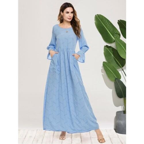 Fashion Women Stripe Long Maxi Dress Flare Sleeve Abaya Turkish Kaftan Dubai Jilbab Party Gown Islamic Clothing Arab Robe Abayas
