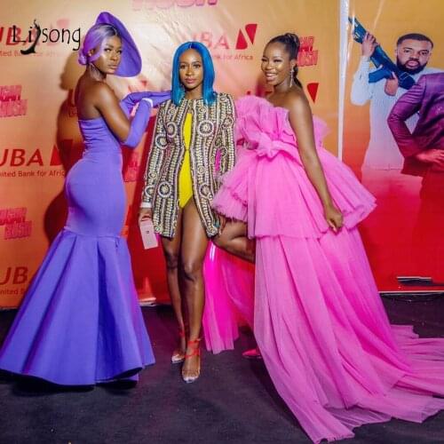 Trendy Fuchsia High Low Tulle Long Celebrity Dresses 2020 Off The Shoulder Tulle Ruffles Long Prom Dresses Hot Pink Party Dress