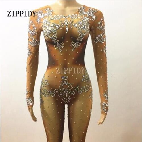 Fashion Sexy Glitter Rhinestones Perspective Rompers Sequins Jumpsuit Outfit Dance Body suit Bar Costume Singer Shiny Wear