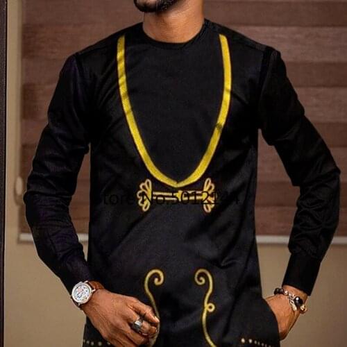 Mens T-shirt Long Sleeve Mid-length Yellow Print Summer African Fashion Ethnic Top Oversized Mens T-shirt Clothing Plus Size