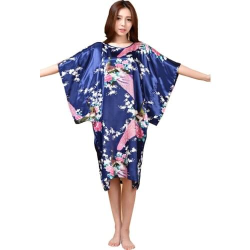 Plus Size Summer Womens Faux Silk Nigh Robe Black Lady Bath Gown Nightgown Bathrobe Sleepwear Mujer Pijama Flower Zh07C