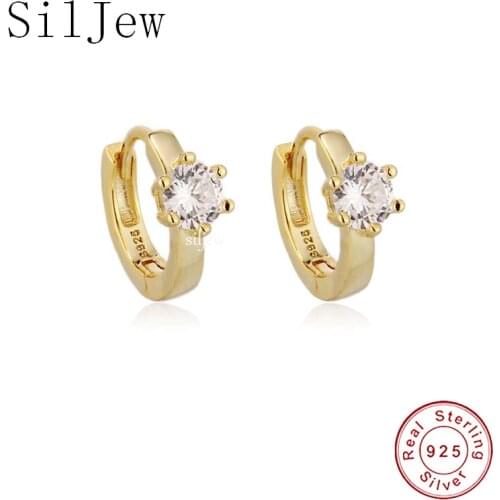 SilJew 925 Sterling Silver Gold One Zircon Charm Hoop Piercing Loops Rock Punk Gift Pendiente Luxury Jewels Clips Huggies Aretes