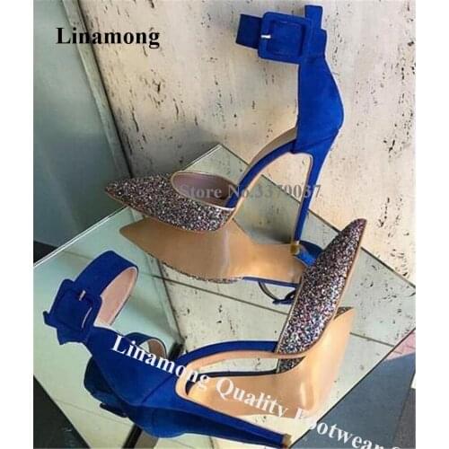 Linamong Bling Bling Pointed Toe Glitters Patchwork Stiletto Heel Pumps Blue Suede Ankle Straps Buckles High Heels Dress Heels