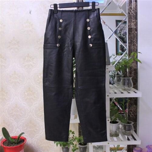 2021 Spring Autumn Chic Womens Genuine leathe pencil pants High quality sheepskin leather casual pants B419