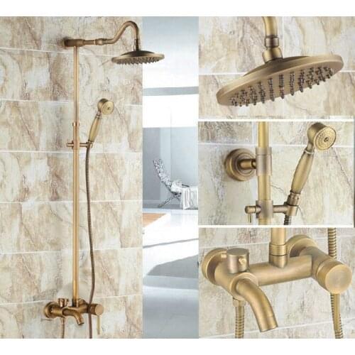 Vintage Retro Antique Brass Single Handle Lever Bathroom 8 Inch Round Rain Shower Faucet Set Tub Mixer Tap Hand Shower mrs225