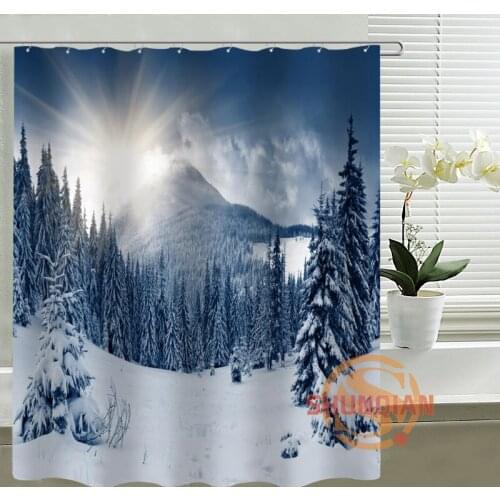 Custom Shower Curtain Mountains Snow Trees Bath curtain Waterproof polyester Fabric Shower Curtain For Bathroom