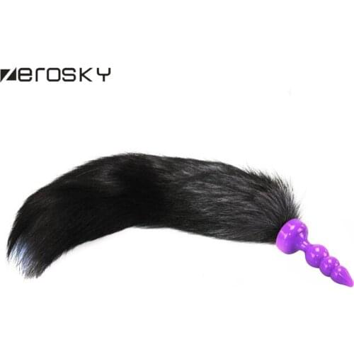 Zerosky Fox Tail Anal Plug Sexy Purple 3 Anal Beads Soft Silicone Butt Plug Anal Sex Toys For Woman