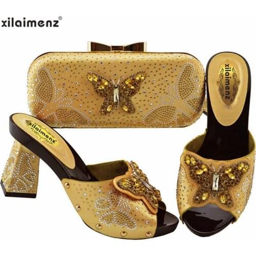 2019 Spring New Design Nigerian Fashion Women Shoes and Bag to Match with Butterfly and Shinning Crystal in Gold