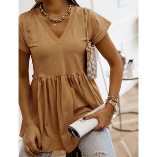 Womens Clothing In Spring and Summer of 2021 Solid Color V-neck Short Sleeve Shirt Girl Tops