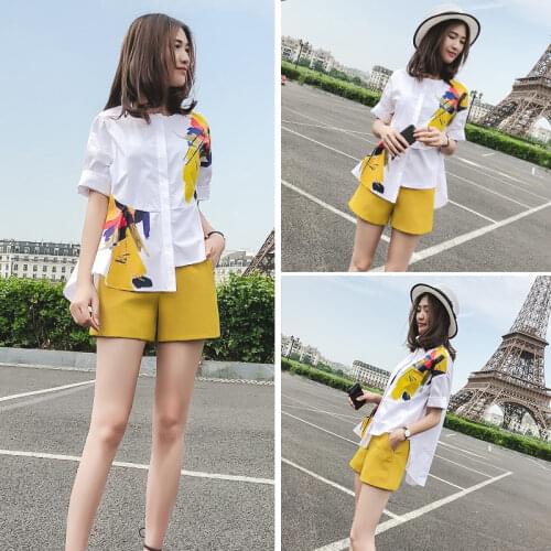 Summer Short Two Piece Set Women Hidden Breasted Loose Shirt Top + Yellow Wide Leg Mini Pants Female Work Wear Fashion Suits