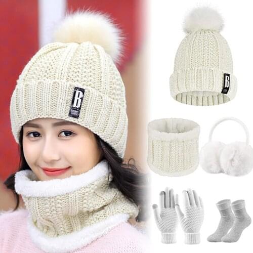 Women Winter Knitted Hat and Scarf Set Winter Gloves Socks and Earmuffs Warming Outdoor Set NYZ Shop