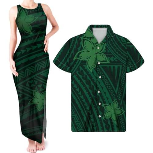 HYCOOL Womens Bodycon Sleeveless Dresses Fashion Ladies Maxi Dresses Polynesia Hibiscus Print Dark Green Couple Clothes Matching