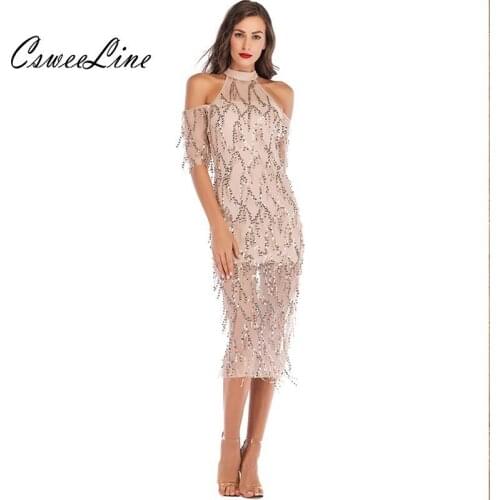 Tassels Sequin Dresses For Women Off Shoulder Cut Out Short Sleeve Chic Sexy Midi Dresses Vestidos Hollow Out Club Party Dresses