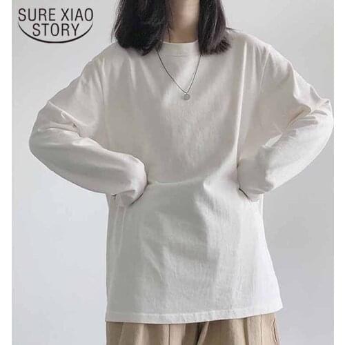 Women O-neck 2021 Autumn Tops Plus Size Solid Cotton Long-sleeved T-shirts Loose Versatile Bottoming Blouses Blusas Mujer 11821