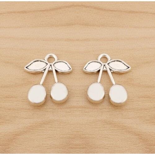 20 Pieces Silver Color Cherries Fruit Charms Pendants Beads for Necklace Bracelet Jewellery Making 16x15mm