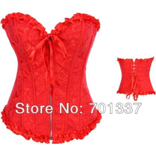 Free Shipping Sexy Lingerie Red Fancy Dress Lace Up Basque Corset with Zip Club Wear 25-50 S--XL