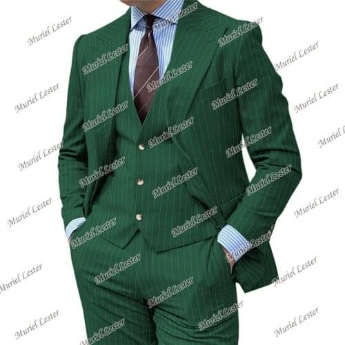 Green Striped Business Suits For Men Smart 3 Pieces Groom Wear Male Formal Tuxedos Custom Made Grey Jacket+Vest+Pants 2021