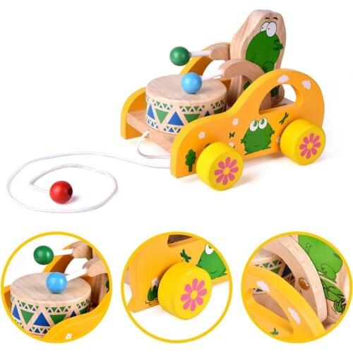 Childrens Hand Extended Leash Pull Toy Car Toddler Baby Toy Wooden Play Beat Sound Tractor Children Gift yellow/blue