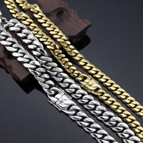 Men Hip Hop Necklace Stainless Steel Jewelry High Polished Gold Filled Cuban Link Chain Curb Double Safety Clasp 61cm 5mm-18mm
