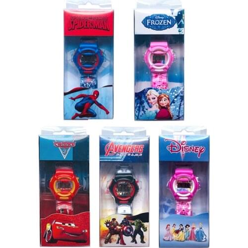Disney Exquisite Gift Box Electronic Watch Kids Cartoon Toy Sports Watch Anime Figure Princess Frozen Marvel Spiderman Cars