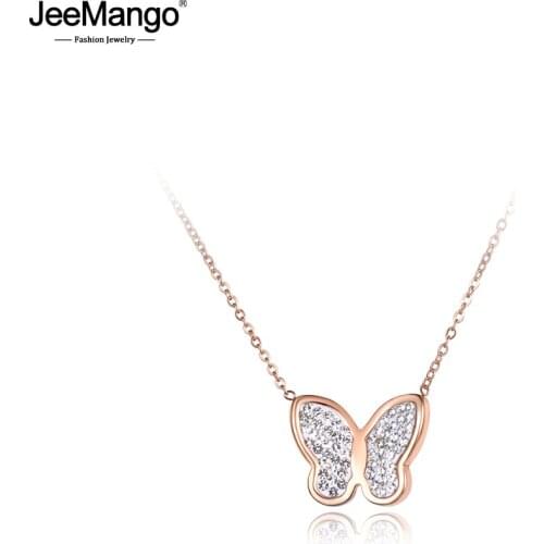 JeeMango Clay AAA Rhinestone Stainless Steel Chain Pendant Necklace Rose Gold Butterfly Choker Necklaces For Women Girls JN19047