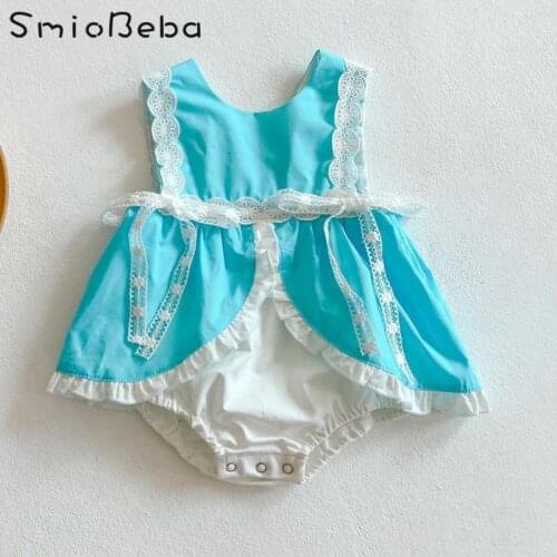 Summer Newborn Baby Girl Vest Lace Rompers Blue Rayon Cotton Sleeveless One-piece Creeping Newborn Lace Jumpsuits Kids Outfits