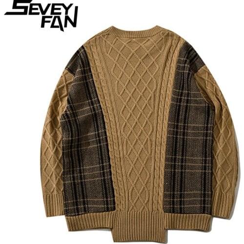SEVEYFAN Mens Harajuku Twisted Patchwork Sweater Irregular Loose Knitwear Casual Autumn Pullover Sweaters for Couples