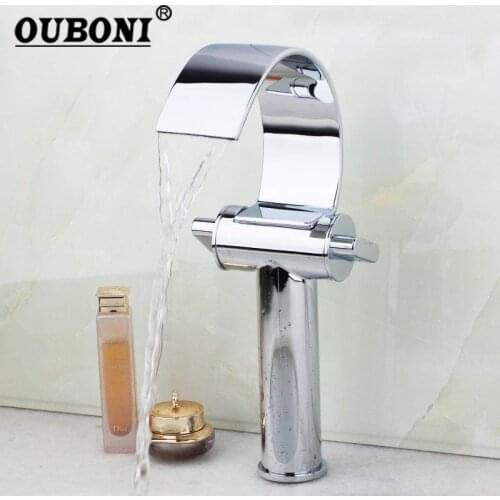 OUBONI Solid Brass Bathroom Faucet Polished Chrome Hot Cold Mixer Taps Waterfall Water 1 Handle Deck Mounted Basin Faucets Tap