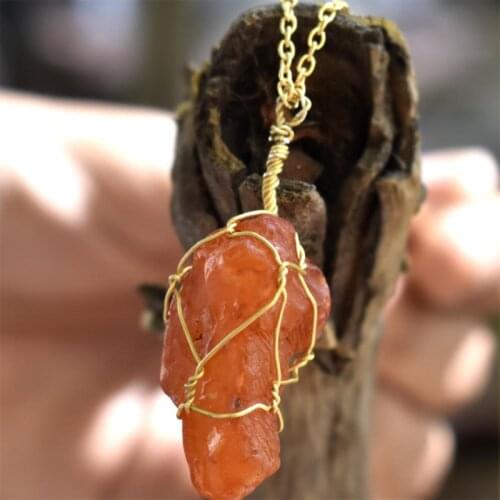 Wire-wrapped Rough Carnelian Crystal Necklace Raw Jewelry Quartz Natural Stone Chunky Bohemian Minimalist Red Agate Charm KL39F3