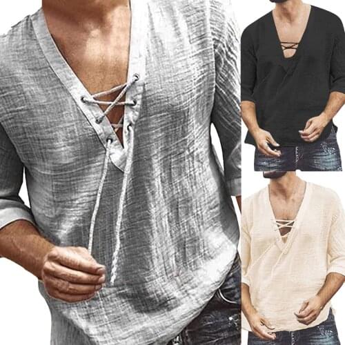 Vintage Mens Summer Shirts Casual V Neck Lace Up Cotton Linen Tie-in Sleeves Shirt Top Bandage Shirt Male Clothing Camisa Hombre