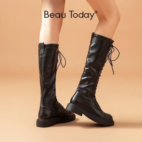 BeauToday Long Boots Women Stretch PU Knee High Boots Lace-Up Round Toe High Street Winter Ladies Shoes Thick Sole 01513