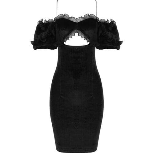 Sexy Women Dress Black Ruffles Spaghetti Strap Bodycon Velvet Summer Autumn Clothes Party Evening Dresses
