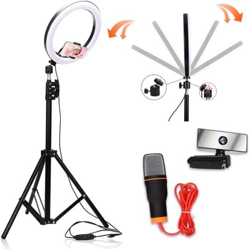 26cm LED Ring Light Photography Selfie Ring Light 2m Light Stand 1080P HD Webcam Video WebCam 3.5mm Jack Wired Sound Stereo Mic