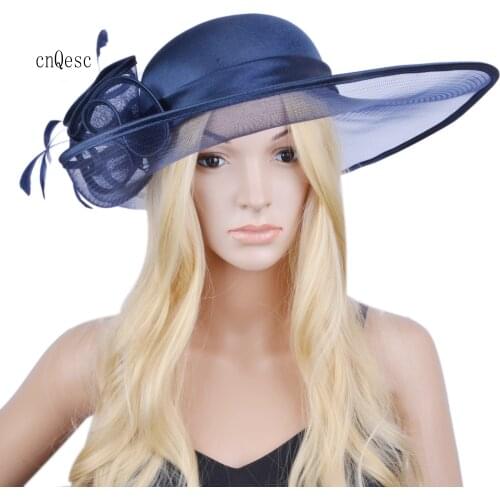 Navy blue large crin fascinator satin mini hat for Kentucky derby Wedding Church