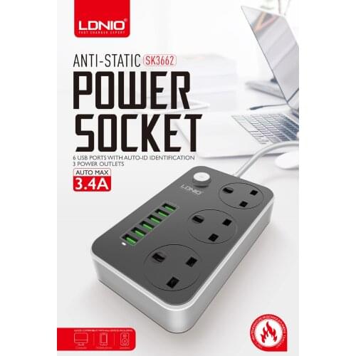 6USB Power Strip Extension Lead 3 Socket Outlet Cable Cord 2 Meter