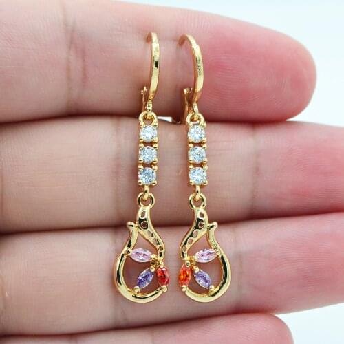 Gold Color Zircon Crystal Fashion Palace Flower Dangle Earrings for Women Party Jewelry