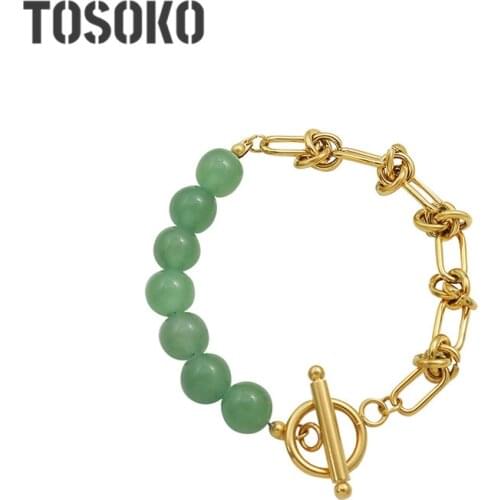 TOSOKO Stainless Steel Jewelry Knotted Bracelet Natural Green Dongling Volcanic Rock Female Elegant OT Buckle Bracelet BSE276