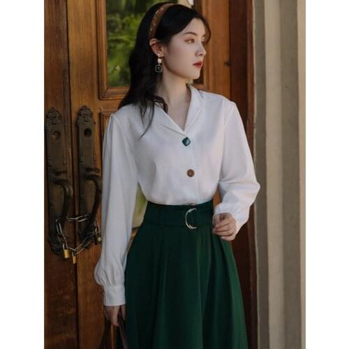 Modern Vintage Style Outfits For Office Lady Elegant Long Sleeve White Blouse Female Tops & Green Maxi Skirt With Belt Women Set