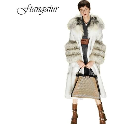 Ftangaiur 2021 Winter Import Velvet Mink Fur Coat With Fox Fur Hood Fox Sleeve Loss Mink Coat Women X-Long Real Mink Fur Coats