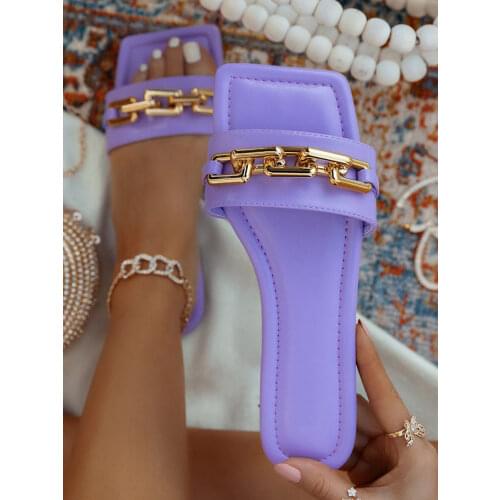 Comemore Womens Slippers 2021 Summer Transparent Chain Square Head Flat Heel Female plus size outdoor beach comfortable Sandals