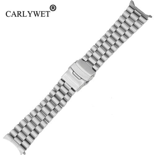CARLYWET 20 22mm Silver Hollow Curved End Solid Links Replacement Watch Band Strap Bracelet Double Push Clasp For Seiko