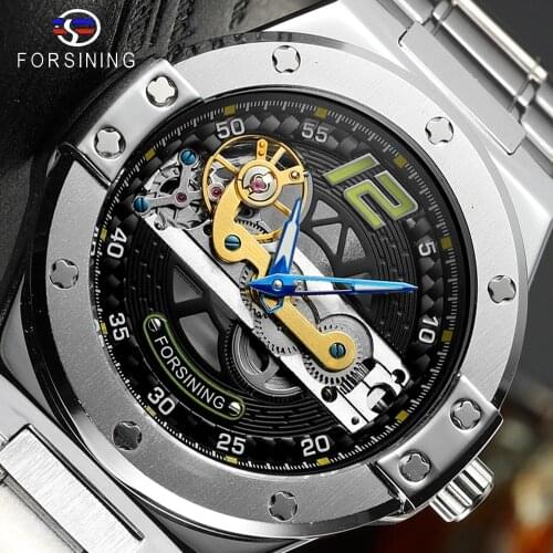 Forsining Golden Bridge Mechanical Watch Men Blue Hand Automatic Transparent Case Stainless Steel Strap Fashion Lover Gift Clock