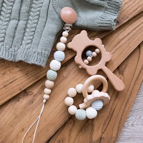 Baby Teethers Wooden Bear Rattles Crochet Beads Rodent Tiny Rod Baby Toys Bracelet Pacifier Clip Nursing Newborn Products Set