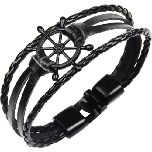 Kirykle Fashion Hand-Knitted Bangles Sailor Bracelet For Man Multilayer Leather Jewelry Rudder Bracelets Handmade Chain