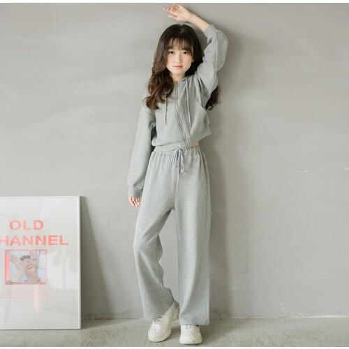 Teen Girls Active Clothes Set 2021 New Autumn Kids Solid Color Hooded Top And Pants 2pcs Outfits Children Tracksuits