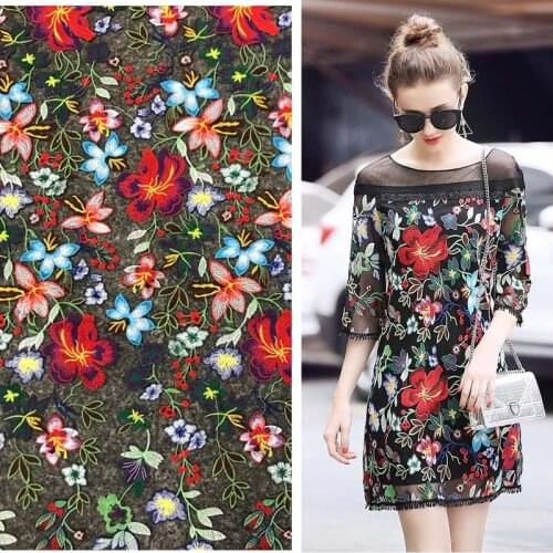 1yard New Heavy work French Lace Fabric for Dress,Diy Tissu Black Mesh Tulle Flower Embroidered Patchwork Sewing Material Cloth