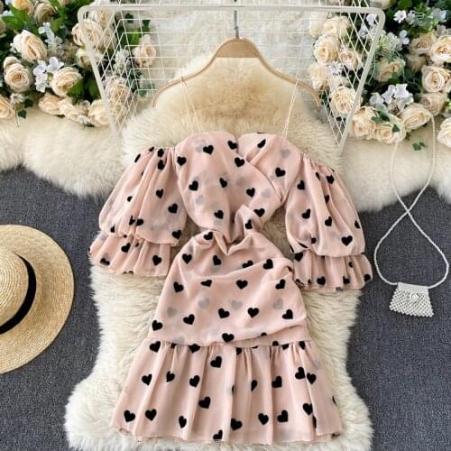 Summer Womens Dress Korean Strapless Puff Sleeve Print Short Slim Dress New Style Ruffled Female Strap Dresses HH006