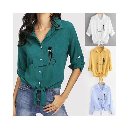 Summer blouse drop shoulder lapel button cotton fashion casual vintage short sleeves chiffon tops embroidered knotted hem shirt