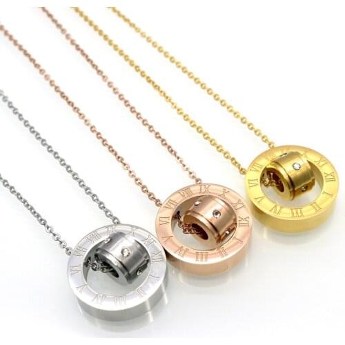 Fashion Women Jewelry Gold Color Roman Letter Simply Turnable Small Round Cubic Zirconia Pendant Necklace