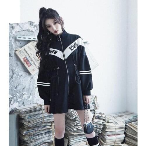 Ruibbit New Arrival Hot Sale Spring Autumn Punk Gothic Black Dress Fashion Long Sleeve stand collar Female Sexy A line Dresses